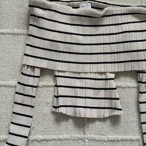 Meshki Cream Ribbed Off-Shoulder Top with Black Stripes